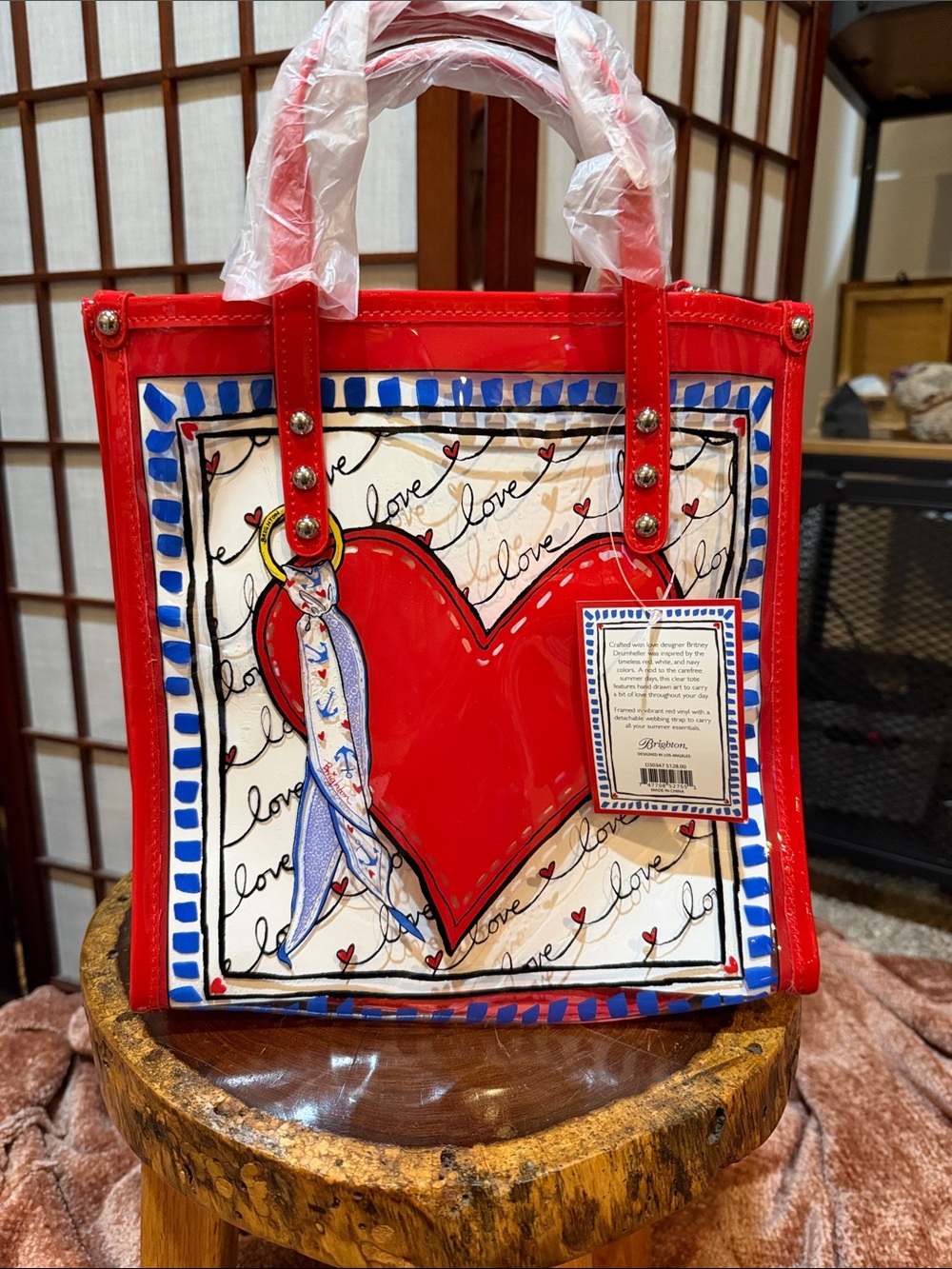 Brighton Red Heart Plastic Tote with Blue Border and Scarf Accent NEW